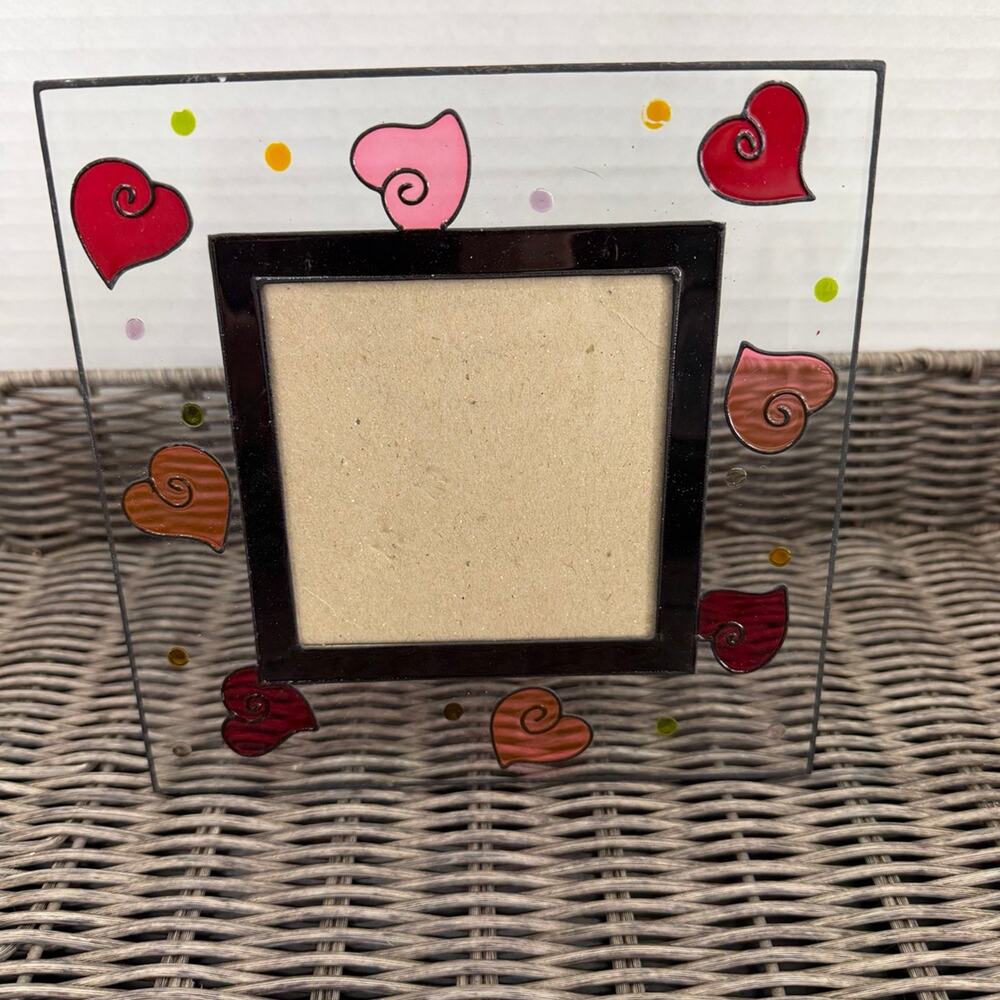 Stained Glass Picture Frame Pink & Red Hearts 6 1/2” Square Photo Size 3 1/2” sq